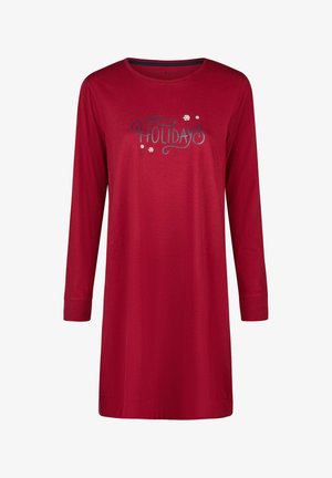 Rode lange mouwen nachthemd met de tekst "Happy Holidays" in blauw en wit, met sneeuwvlokaccenten. Zachte stof en een ontspannen pasvorm.