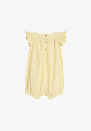 Gele mouwloze baby romper met gerimpelde schouders, drie houten knopen op de borst en elastische beenopeningen.