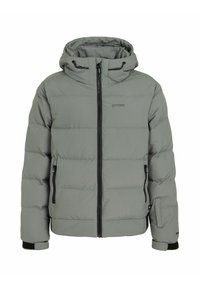 Grijze pufferjack met capuchon, ritssluiting en twee zijzakken. Voorzien van elastische manchetten en een gestikt quiltpatroon.