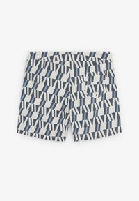 Shorts de înot într-un model geometric alb și albastru, cu un buzunar în spate și un design confortabil. Material ușor, cu o textură netedă.
