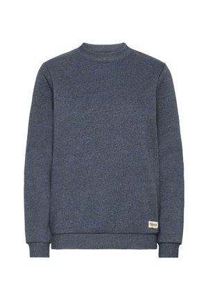 Dark blue sweatshirt made of soft fabric, featuring long sleeves, a round neckline, and a small brand label on the lower left hem.