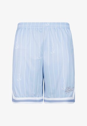 Light blue shorts with vertical white stripes, featuring subtle patterns, an elastic waistband, and white trim along the hem.