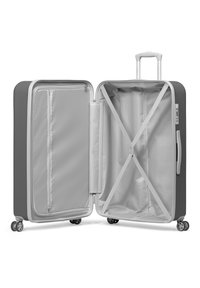 Harde grijze koffer met een witte binnenkant. Voorzien van een ritsvak, kruisbanden voor het veiligstellen van spullen en vier wielen voor mobiliteit.