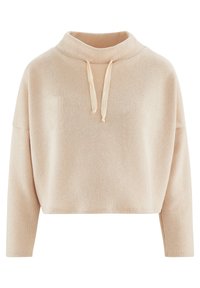 Beige cropped trui met ribbeltextuur, lange mouwen en een hoge hals met een trekkoord. Zacht materiaal en een relaxed fit ontwerp.