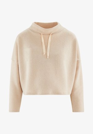 Beige cropped trui met ribbeltextuur, lange mouwen en een hoge hals met een trekkoord. Zacht materiaal en een relaxed fit ontwerp.