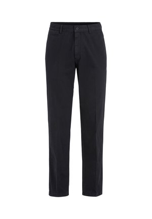 Pantaloni neri in cotone con vestibilità a gamba dritta, dotati di chiusura frontale con bottone e zip, e una tasca laterale, texture liscia e senza motivi.