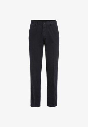Schwarze Baumwollhosen mit geradem Bein, ausgestattet mit einem vorderen Knopf, Reißverschluss und einer Seitentasche, glatte Textur und ohne Muster.