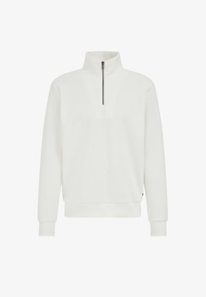 Sudadera de forro polar blanca con mangas largas, puños y dobladillo de canalé, cuello alto y una cremallera corta en la parte delantera.