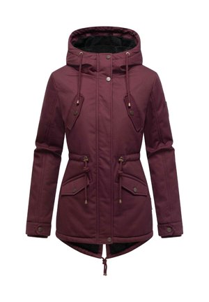 Burgunderfarget isolert jakke med hette, snorer i midjen, lappelommer og en teksturert svart fôr. Metalldetaljer med knapper.