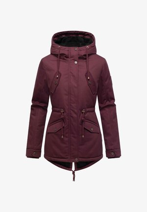 Bordo izolirana jakna z kapuco, vrvicami v pasu, našitimi žepi in teksturirano črno podlogo. Akcenti iz kovinskih gumbov.