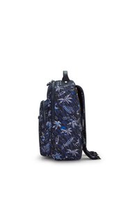 Zaino navy con motivi di palme e tavole da surf, due scomparti con zip, tracolla regolabile e tessuto resistente. La vista laterale evidenzia la forma.