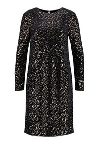 Robe noire à manches longues ornée de paillettes dorées et argentées éparpillées, avec un col rond et un détail en ouverture clé dans le dos.