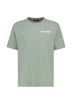 Hellgrünes T-Shirt mit kurzen Ärmeln und Rundhalsausschnitt, mit der Aufschrift "WORLDWIDE" in Weiß auf der linken Brust.