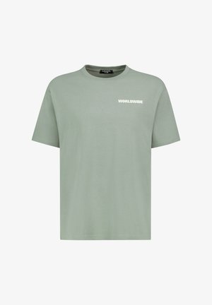 Light green short-sleeve crew neck T-shirt with "WORLDWIDE" printed in white on the left chest.