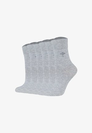Graue Baumwollmischsocken, kurze Crew-Länge, mit geripptem Bündchen. Jede Socke hat ein kleines Logo an der Seite. Das Paket enthält mehrere Paar.