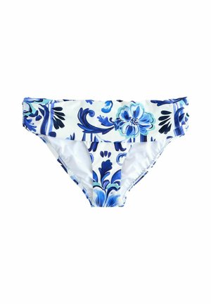 Bikinihose in Weiß mit blauem Blumenmuster, mit gerafftem Bund und glatter Textur, für eine figurbetonte Silhouette entworfen.