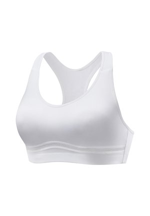White seamless sports bra with racerback design and a mesh detail band under the bust for breathability and support.
