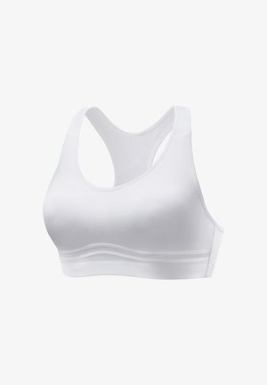 Weißer nahtloser Sport-BH mit Racerback-Design und einem Netzdetail-Unterbrustband für Atmungsaktivität und Unterstützung.