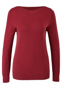 Rode lange mouwen sweater gemaakt van een zachte stof, met een brede ronde hals en ribbelaccenten bij de kraag en manchetten. Glad van textuur.
