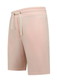 Lichtroze shorts van een soepele stof, met een elastische tailleband met een trekkoord en zijzakken. Eenvoudig, knie-lengte ontwerp.