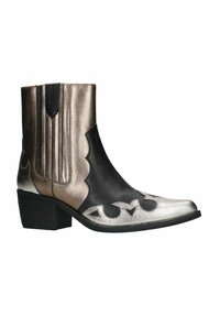Mid-calf cowboy boots featuring black leather and metallic bronze accents, pointed toe, scalloped design, and a low block heel.