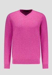 V-hals trui in felroze, gemaakt van zacht gebreid materiaal. Lange mouwen, geribde manchetten en zoom, eenvoudige ontwerp zonder patronen of accenten.