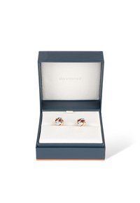 Silver and rose gold earrings displayed in a blue box with a soft white lining, featuring a twisted design and polished finish.