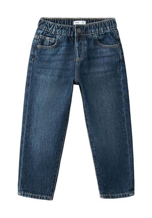 Mørkeblå børnejeans med elastisk talje, forlommer, knaplukning og lige ben.
