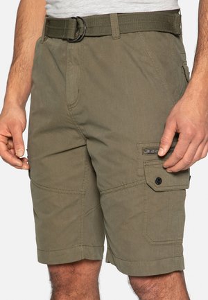 Khaki cargoshorts van textuurstof, met een vlakke voorkant, riemlussen, zijzakken en een veilige drukknop/sluiting.