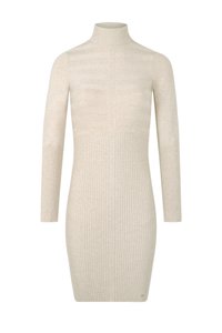 Abito lavorato a maglia beige con collo a mock turtleneck, caratterizzato da una parte superiore liscia e una parte inferiore a coste, maniche lunghe e una silhouette aderente.