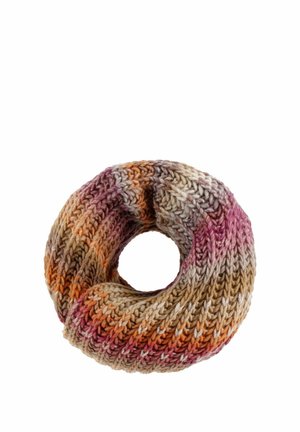 Multicolored knitted infinity scarf in shades of brown, orange, pink, and beige, arranged in a circular shape.