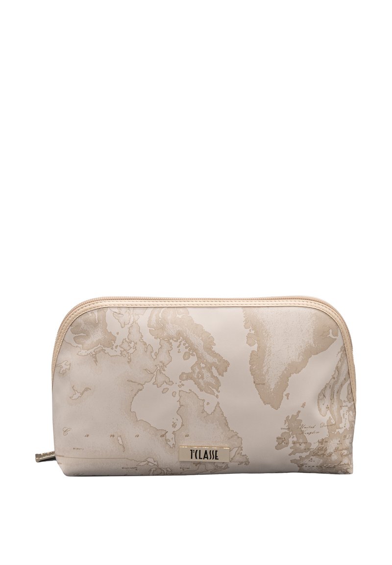 Bustina color crema con design mappa mondiale sfumato, chiusura a cerniera e texture sottile. Nome del marchio 'T'Classe' su accento metallico.