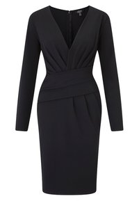 Schwarzes Kleid mit langen Ärmeln, tiefem V-Ausschnitt und gerafften Details an der Taille. Aus glattem Stoff gefertigt, mit einem verdeckten Reißverschluss auf der Rückseite.