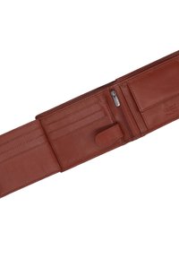 Bruine lederen portemonnee met een bifold ontwerp, meerdere kaartsleuven, een ritsvak voor munten en een gladde textuur.