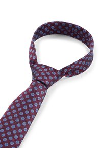 Burgunderfarbige Seidenkrawatte mit strukturierter Oberfläche, versehen mit einem Muster aus blauen kreisförmigen Akzenten, elegant gebunden mit einem klassischen Knopf.