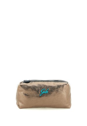 Piccola pochette rettangolare metallica bronzo con cerniera nera e logo "Gab" turchese frontale.