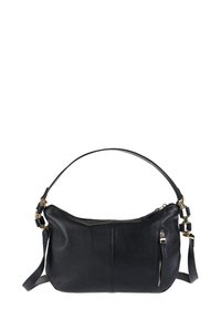Borsa a mano in pelle nera con finitura testurizzata, forma curva, manico corto, tracolla regolabile e dettagli in metallo dorato.