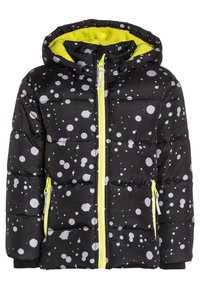 Černá péřová bunda se vzorem bílých skvrn, s jasně žlutou podšívkou, zipovým zapínáním a dvěma bočními kapsami na zip.