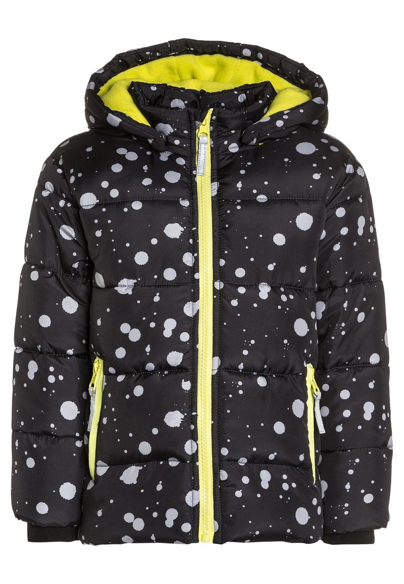 Černá péřová bunda se vzorem bílých skvrn, s jasně žlutou podšívkou, zipovým zapínáním a dvěma bočními kapsami na zip.