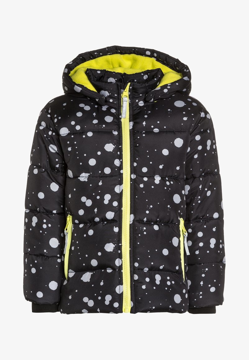 Černá péřová bunda se vzorem bílých skvrn, s jasně žlutou podšívkou, zipovým zapínáním a dvěma bočními kapsami na zip.