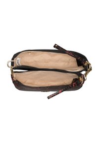 Borsa in pelle nera con texture e zip dorata, con un accento a motivo floreale. All'interno ha una fodera beige liscia e due scomparti.
