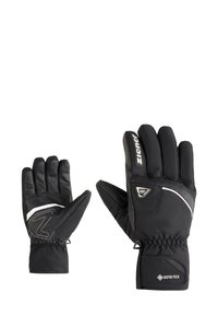 Gants noirs isolés en matériau GORE-TEX imperméable, avec un poignet élastique et des accents blancs ; design structuré avec cinq ouvertures pour les doigts.