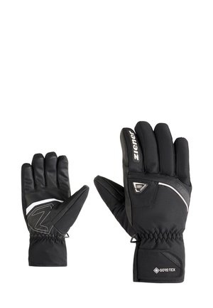 Schwarze, isolierte Handschuhe aus wasserdichtem GORE-TEX-Material, mit elastischem Handgelenk und weißen Akzenten; strukturierte Form mit fünf Fingerausschnitten.