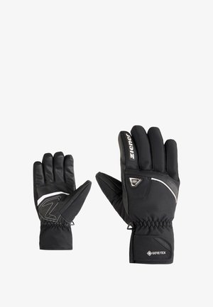 Gants noirs isolés en matériau GORE-TEX imperméable, avec un poignet élastique et des accents blancs ; design structuré avec cinq ouvertures pour les doigts.