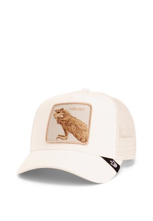 White cap with a structured front, featuring a gold embroidered lion design and "FAR OUT" text. Mesh back with an adjustable strap.