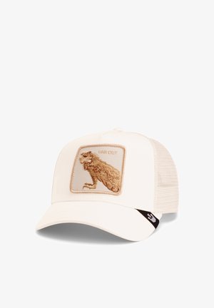 Weißer Hut mit strukturiertem Vorderteil, das ein goldgesticktes Löwendesign und den Text "FAR OUT" zeigt. Netzrücken mit verstellbarem Riemen.