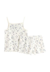 Kukkateemainen yöpuvut-setti vaaleassa sävyssä, jossa on hihaton paita ohuilla olkaimilla ja siihen sopivat shortsit. Koristeltu pienillä sinisillä kukilla ja ribbitetyllä pinnalla.