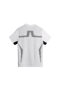 Vit kortärmad träningströja med vertikala svarta ränder på ryggen och enfärgade svarta detaljer på ärmarna. Ribbat textilmaterial.