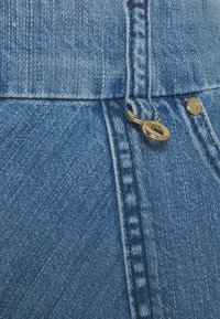 Jean en denim bleu clair avec une fermeture à bouton visible, des accents en matériel doré et des détails brodés le long des coutures latérales.