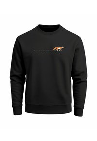 Schwarzes Sweatshirt mit rundem Ausschnitt, das ein oranges Fuchs-Graphic mit einer gepunkteten Linie, die hinter ihm herzieht, zeigt. Glatte Textur und lässiges Design.